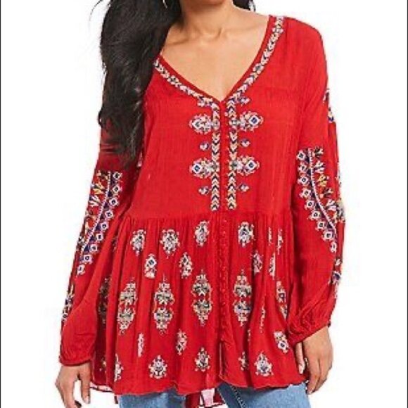 Free People Arianna Embroidered Tunic Red Bohemian Top Dress size medium - Picture 1 of 16